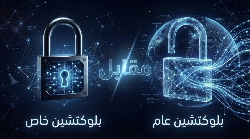 صورة توضيحية تقارن بين البلوكشين العامة والبلوكشين الخاصة من حيث اللامركزية، الأمان، والاستخدام المؤسسي