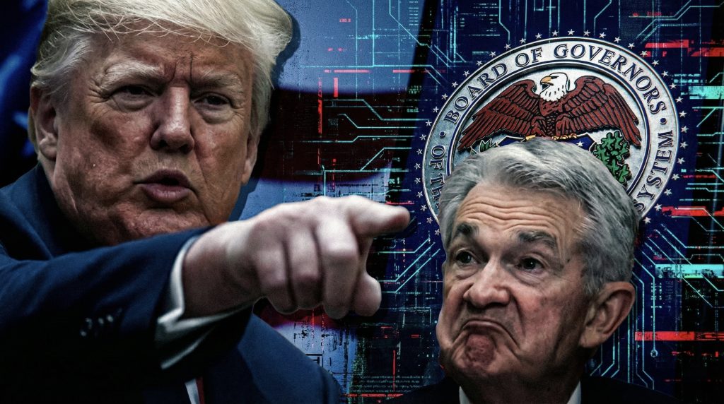 تعبير بصري عن التوتر بين السياسة النقدية والاحتياطي الفيدرالي وتأثيره على الأسواق المالية والعملات الرقمية