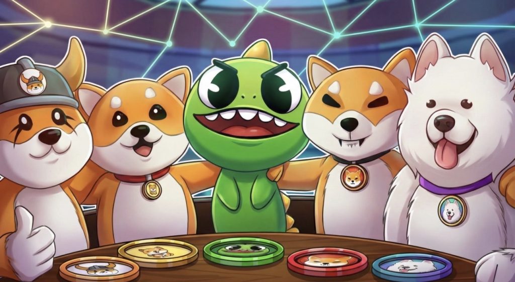 صورة توضيحية لعملات الميم المشهورة مثل Dogecoin وShiba مع رموز تشير إلى الأرباح والمخاطر