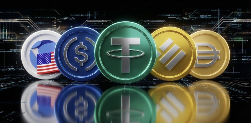 مخطط يوضح تصنيف العملات المستقرة بين المدعومة بالعملات التقليدية، الرقمية، والخوارزمية، مع مقارنة مستوى المخاطر