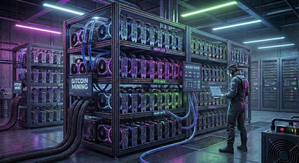 ‎تعدين البيتكوين (mining) هو عملية استخدام القدرة الحاسوبية لحل مسائل رياضية معقدة، بهدف تأكيد المعاملات الجديدة وإضافتها إلى سجل البلوكشين.