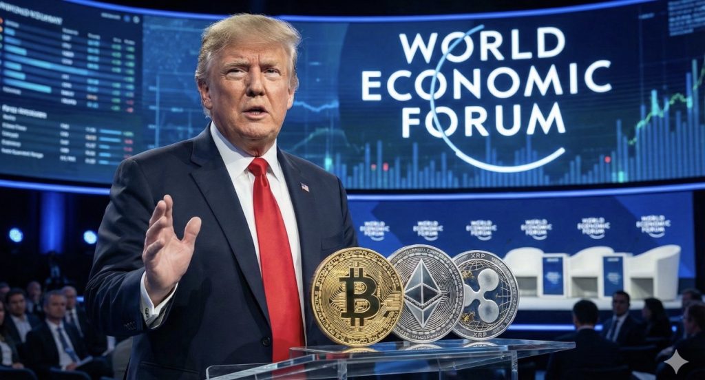صورة من منتدى دافوس 2026 تُجسّد دخول العملات الرقمية والبلوكشين إلى صلب النقاشات الاقتصادية العالمية، مع مشاركة قادة سياسيين ومؤسسات مالية كبرى في جلسات حول العملات المستقرة والترميز