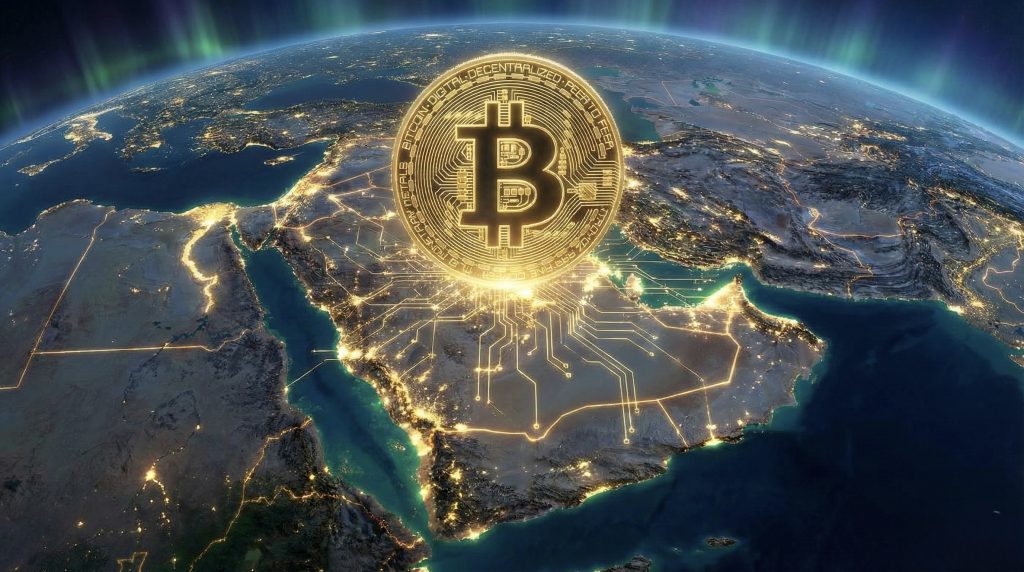 خريطة رمزية للشرق الأوسط مع عناصر تعبّر عن نمو معاملات العملات الرقمية وترميز الأصول والعملات المستقر