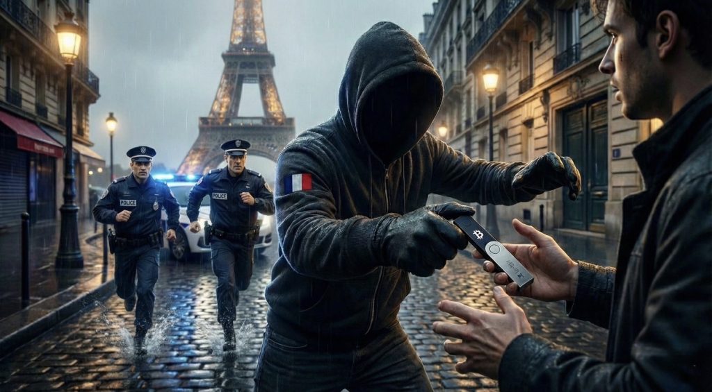 رسم توضيحي يبرز تصاعد هجمات Wrench Attack في فرنسا خلال 2025-2026 مع ربط بين تسريبات البيانات الضريبية واستهداف مستثمري العملات الرقمية