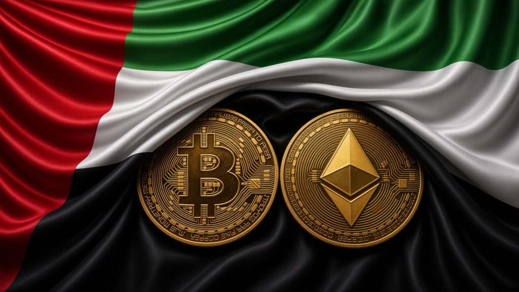شعار ستاندرد تشارترد وعملتا البيتكوين والإيثيريوم فوق علم الإمارات" — ملف مقترح