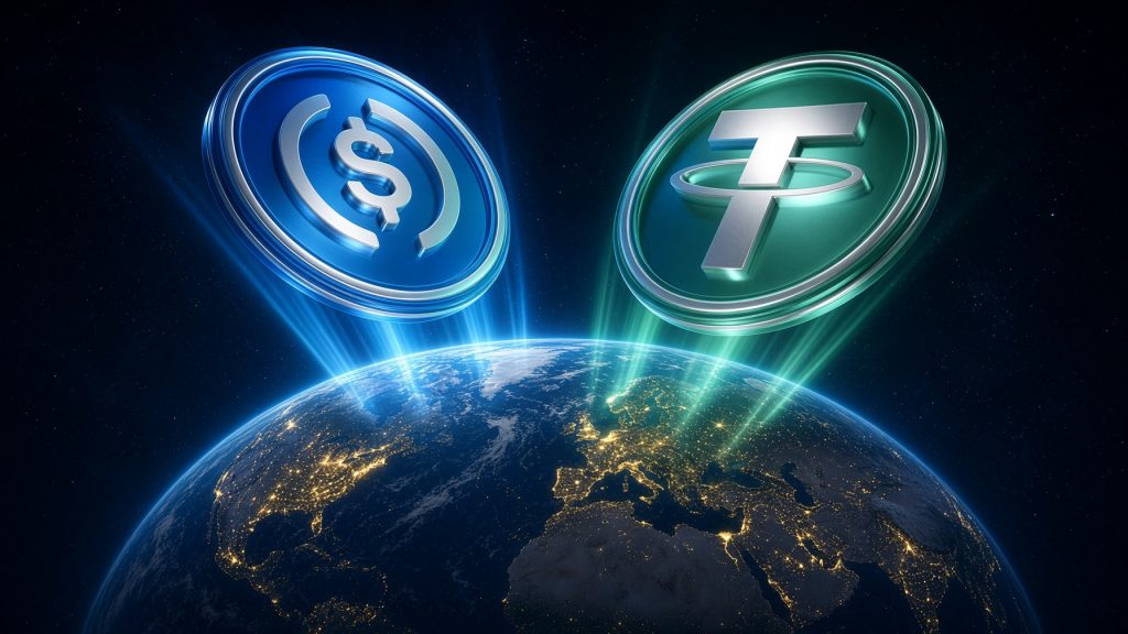 رسم بياني يوضح هيمنة USDT وUSDC على 85% من سوق العملات المستقرة عالميًا